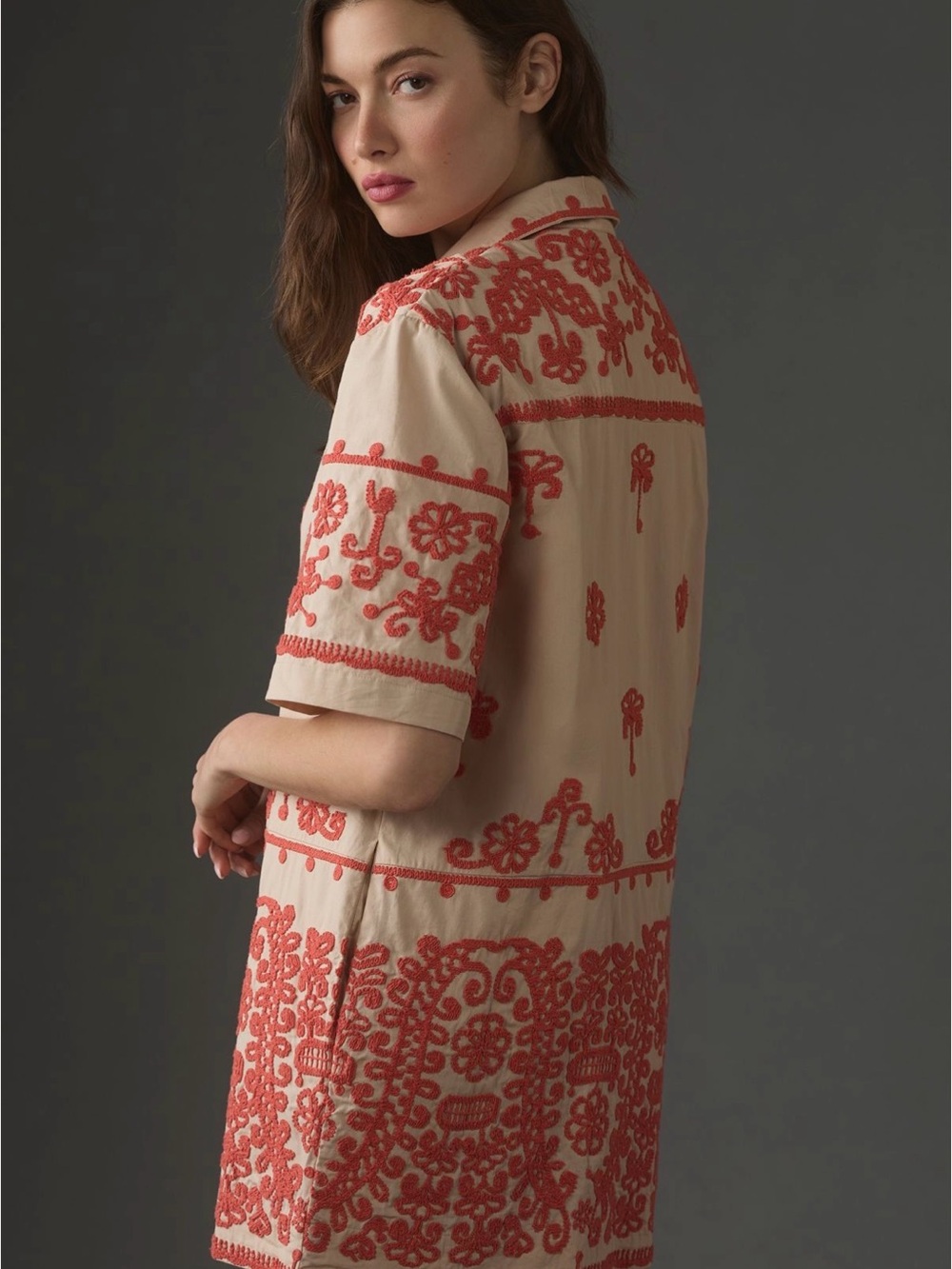 Anthropologie Beige Mini Dress with Coral Embroidery - Picture 2 of 6